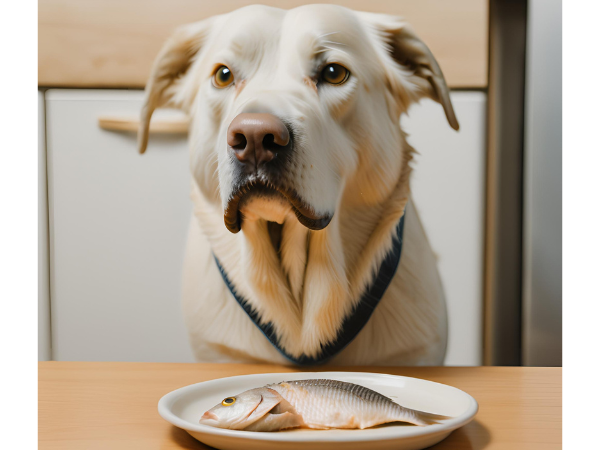 Dog looks at cooked Tilapia Fish photo 1