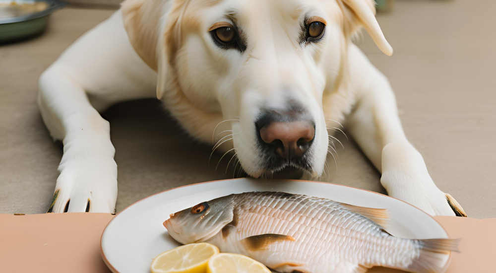 Dog looks at cooked Tilapia Fish photo