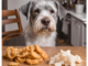 The dog looks at Pork Rinds which is on the table