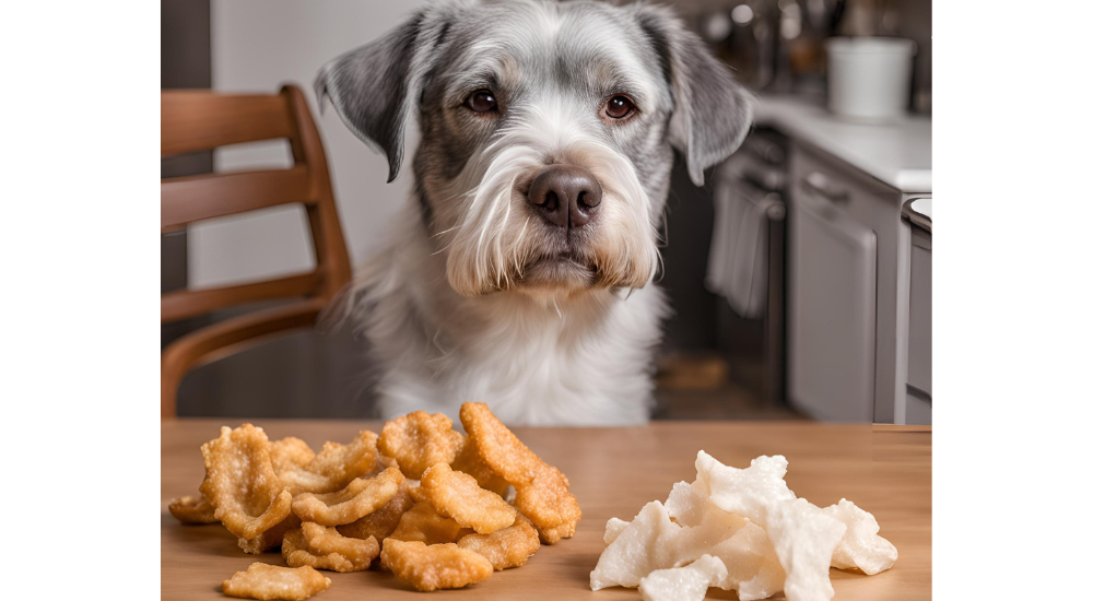 The dog looks at Pork Rinds which is on the table